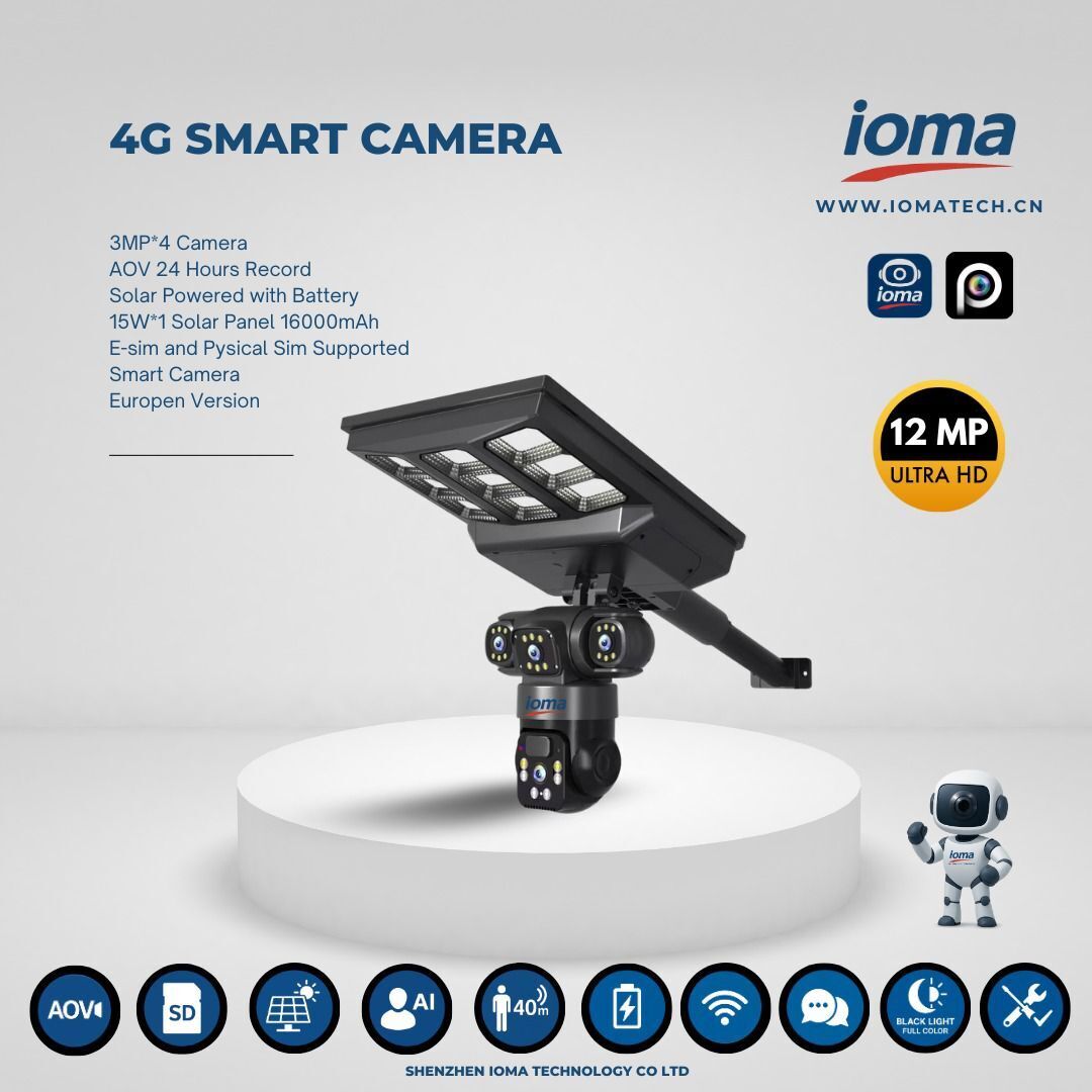 IO-RP14G12A 4G Solar Akıllı Kamera – 12MP Ultra HD, 4×3MP Lens, 15W Solar Panel, 16000mAh, Fiziksel SIM Destekli