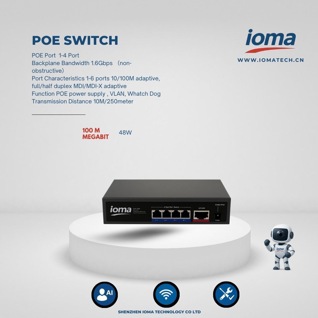 IO-SF402E 4 Port PoE Switch – 100Mbps, 48W PoE Güç, VLAN & Watchdog, 250m Long Range