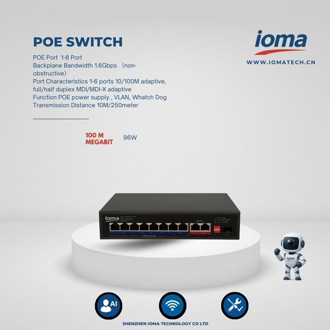 IO-SF802E 8 Port PoE Switch – 100Mbps, 96W Toplam Güç, VLAN & Watchdog Destekli