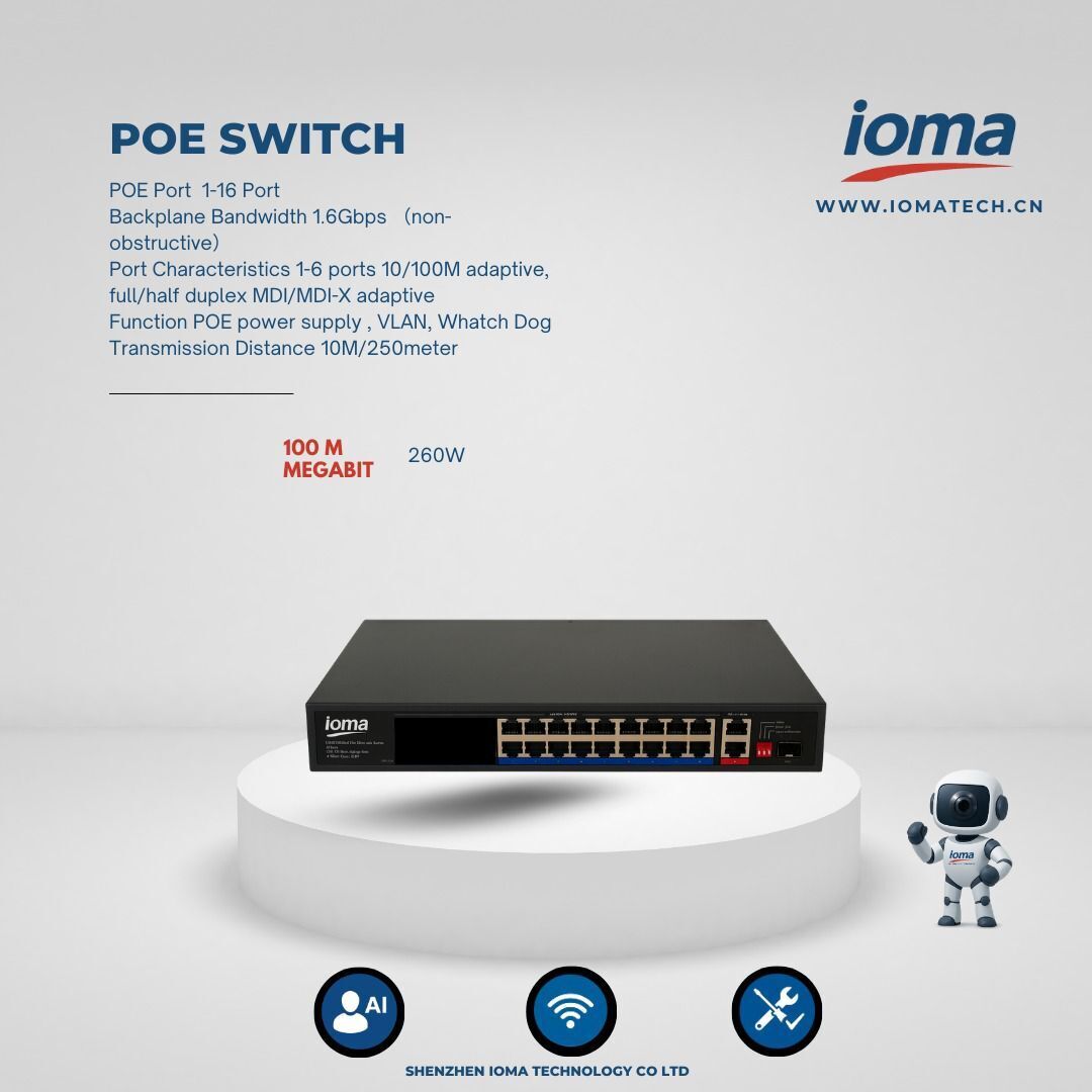 IO-SF1602G 16 Port PoE Switch – 100Mbps, 260W PoE Güç, VLAN & Watchdog, 250m Long Range